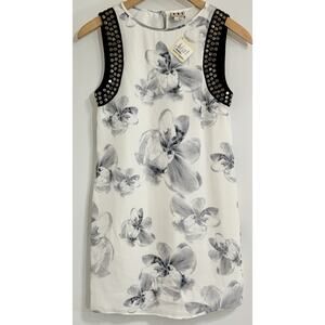 NEW Haute Hippie Studded Floral Shift Dress Silk Sleeveless Black White Size XS